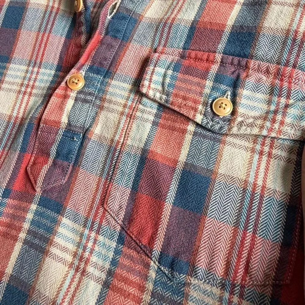 Vintage J.Crew Men's Red Cream Blue Pullover Plaid Button Up Collared Shirt